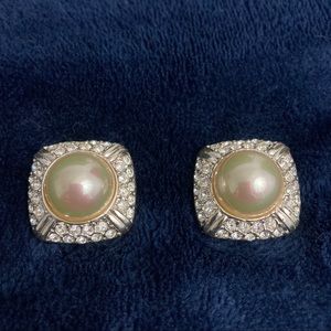 Vintage clip on faux pearl and diamond earrings